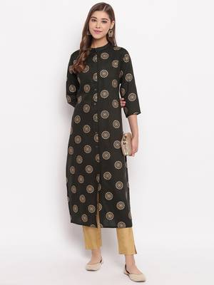 Women'S Foil Print Straight Cotton Dark Green Kurti 1