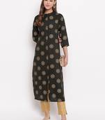 Women'S Foil Print Straight Cotton Dark Green Kurti