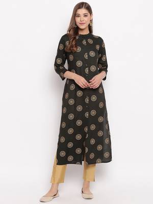Women'S Foil Print Straight Cotton Dark Green Kurti 2
