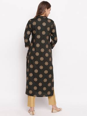 Women'S Foil Print Straight Cotton Dark Green Kurti 3