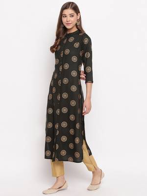 Women'S Foil Print Straight Cotton Dark Green Kurti 4