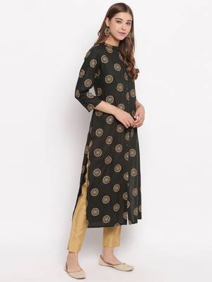 Women'S Foil Print Straight Cotton Dark Green Kurti 5
