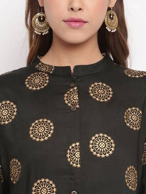 Women'S Foil Print Straight Cotton Dark Green Kurti 6
