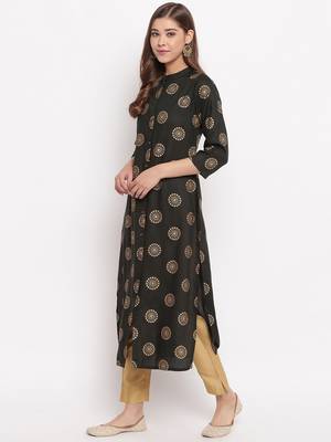 Women'S Foil Print Straight Cotton Dark Green Kurti 7