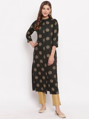 Women'S Foil Print Straight Cotton Dark Green Kurti 8