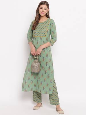 Women'S Floral Print Straight Cotton Pista Kurti With Palazzo 1