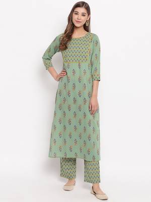 Women'S Floral Print Straight Cotton Pista Kurti With Palazzo 2
