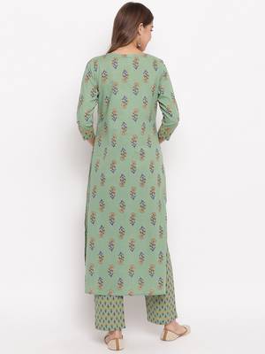Women'S Floral Print Straight Cotton Pista Kurti With Palazzo 3
