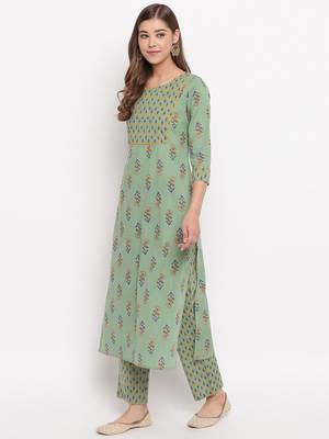 Women'S Floral Print Straight Cotton Pista Kurti With Palazzo 4