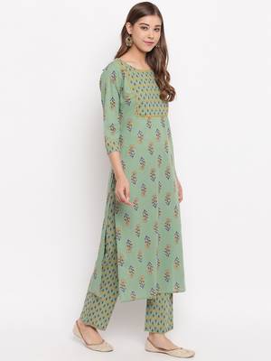 Women'S Floral Print Straight Cotton Pista Kurti With Palazzo 5