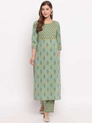 Women'S Floral Print Straight Cotton Pista Kurti With Palazzo 8