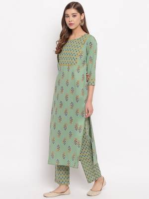 Women'S Floral Print Straight Cotton Pista Kurti With Palazzo 9