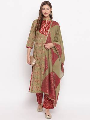 Women'S Foil Print , Lace Work Straight Cotton Dark Pista Kurti With Palazzo & Dupatta 1