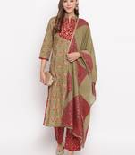 Women'S Foil Print , Lace Work Straight Cotton Dark Pista Kurti With Palazzo & Dupatta