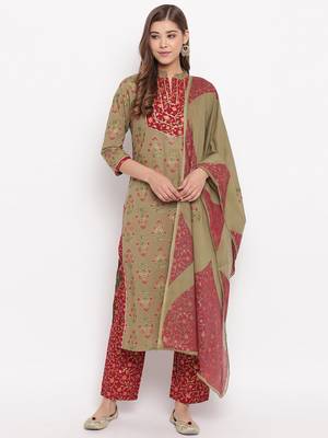 Women'S Foil Print , Lace Work Straight Cotton Dark Pista Kurti With Palazzo & Dupatta 2