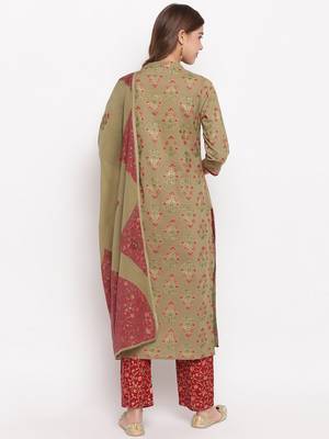 Women'S Foil Print , Lace Work Straight Cotton Dark Pista Kurti With Palazzo & Dupatta 3