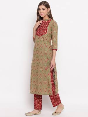 Women'S Foil Print , Lace Work Straight Cotton Dark Pista Kurti With Palazzo & Dupatta 4