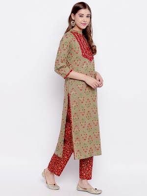 Women'S Foil Print , Lace Work Straight Cotton Dark Pista Kurti With Palazzo & Dupatta 5