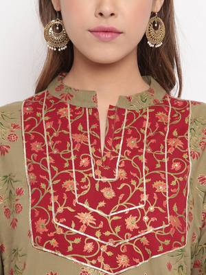 Women'S Foil Print , Lace Work Straight Cotton Dark Pista Kurti With Palazzo & Dupatta 6