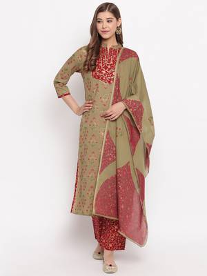 Women'S Foil Print , Lace Work Straight Cotton Dark Pista Kurti With Palazzo & Dupatta 9