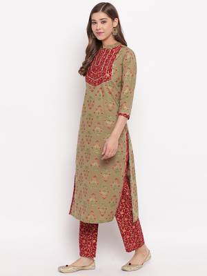 Women'S Foil Print , Lace Work Straight Cotton Dark Pista Kurti With Palazzo & Dupatta 10