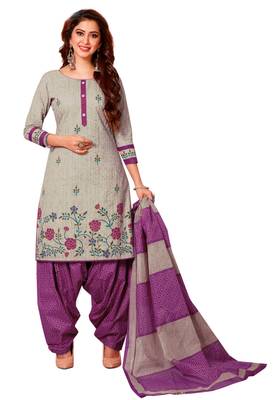 Women's Grey & Purple Cotton Printed Readymade Patiyala Suit Set 1