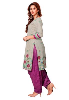 Women's Grey & Purple Cotton Printed Readymade Patiyala Suit Set 3