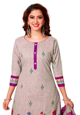 Women's Grey & Purple Cotton Printed Readymade Patiyala Suit Set 4