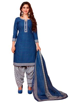 Women's Blue & White Cotton Printed Readymade Patiyala Suit Set 1