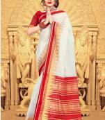 White woven silk blend saree with blouse