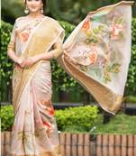 Cream Woven Cotton Saree With Blouse