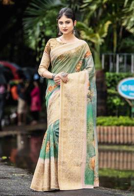 Sea Green Woven Cotton Saree With Blouse 1