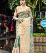 Sea Green Woven Cotton Saree With Blouse
