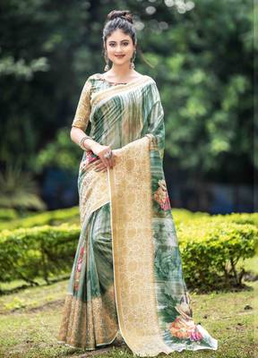 Green Woven Cotton Saree With Blouse 1