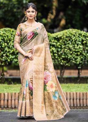 Beige Woven Cotton Saree With Blouse 1