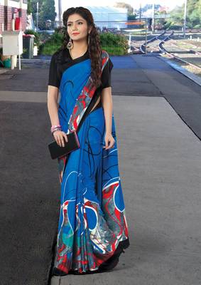 Blue printed crepe saree with blouse 1