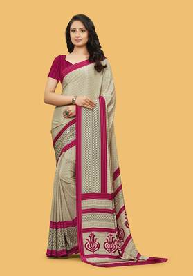 Beige printed crepe saree with blouse 1