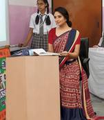 Red printed crepe saree with blouse