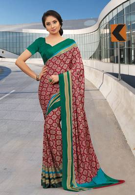 Red printed crepe saree with blouse 1
