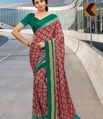 Red printed crepe saree with blouse