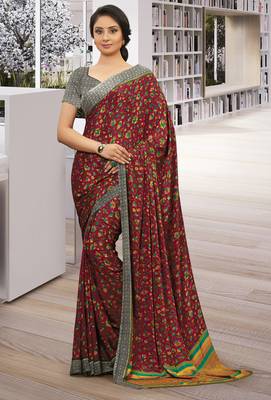 Maroon printed crepe saree with blouse 1