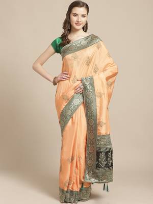 Peach embroidered tussar silk saree with blouse 1