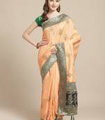 Peach embroidered tussar silk saree with blouse
