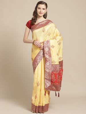 Yellow embroidered tussar silk saree with blouse 1