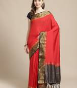 Red embroidered tussar silk saree with blouse