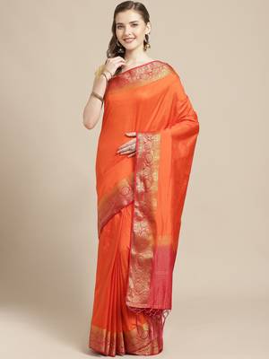 Orange embroidered tussar silk saree with blouse 1