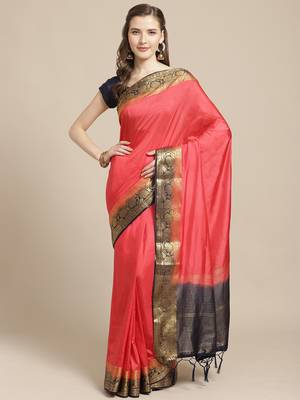 Dark pink embroidered tussar silk saree with blouse 1