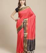Dark pink embroidered tussar silk saree with blouse