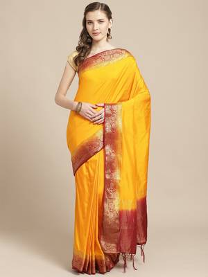 Yellow embroidered tussar silk saree with blouse 1