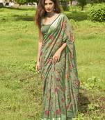 Green floral print linen saree with blouse